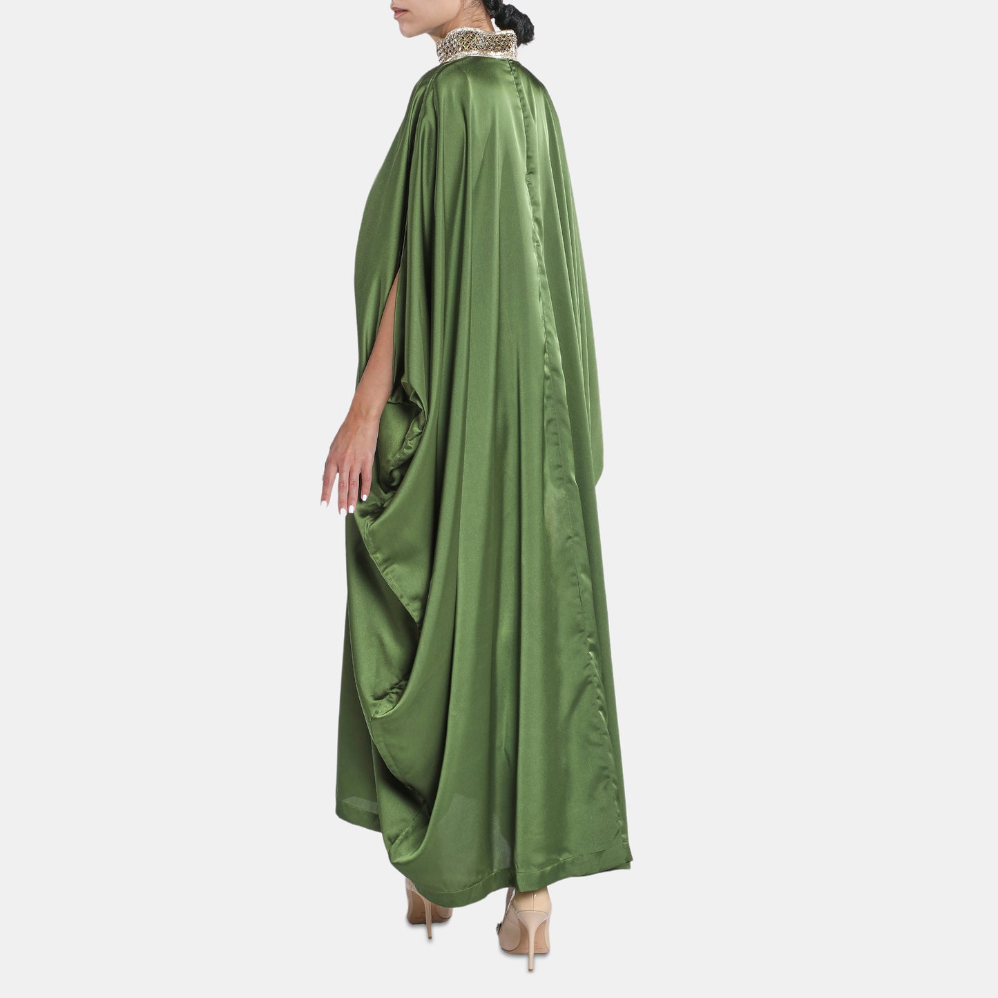 Green satin kaftan dress with high neckline and belt