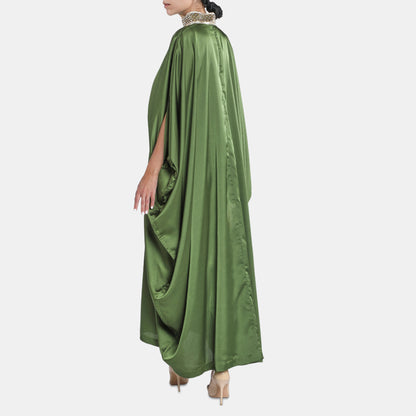 Green satin kaftan dress with high neckline and belt