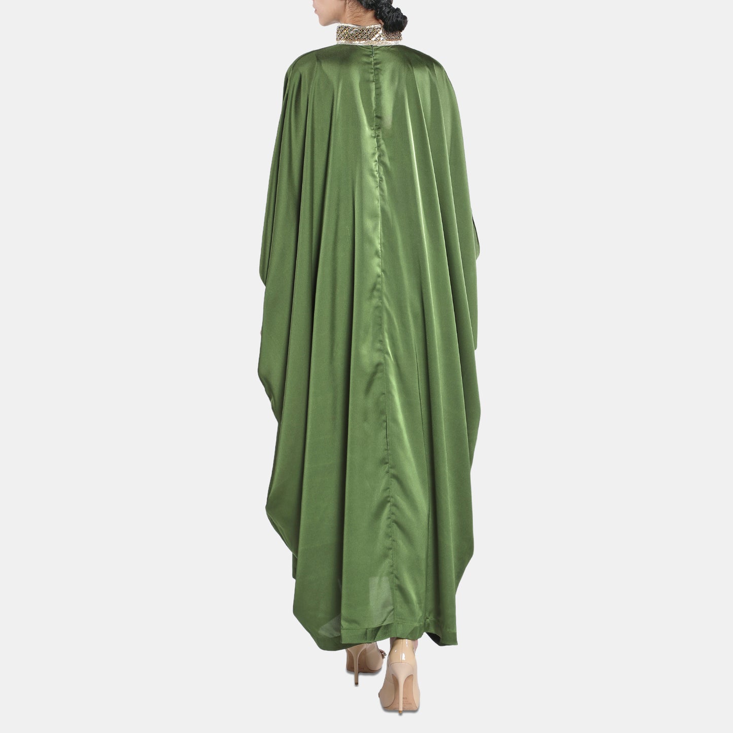 Green satin kaftan dress with high neckline and belt