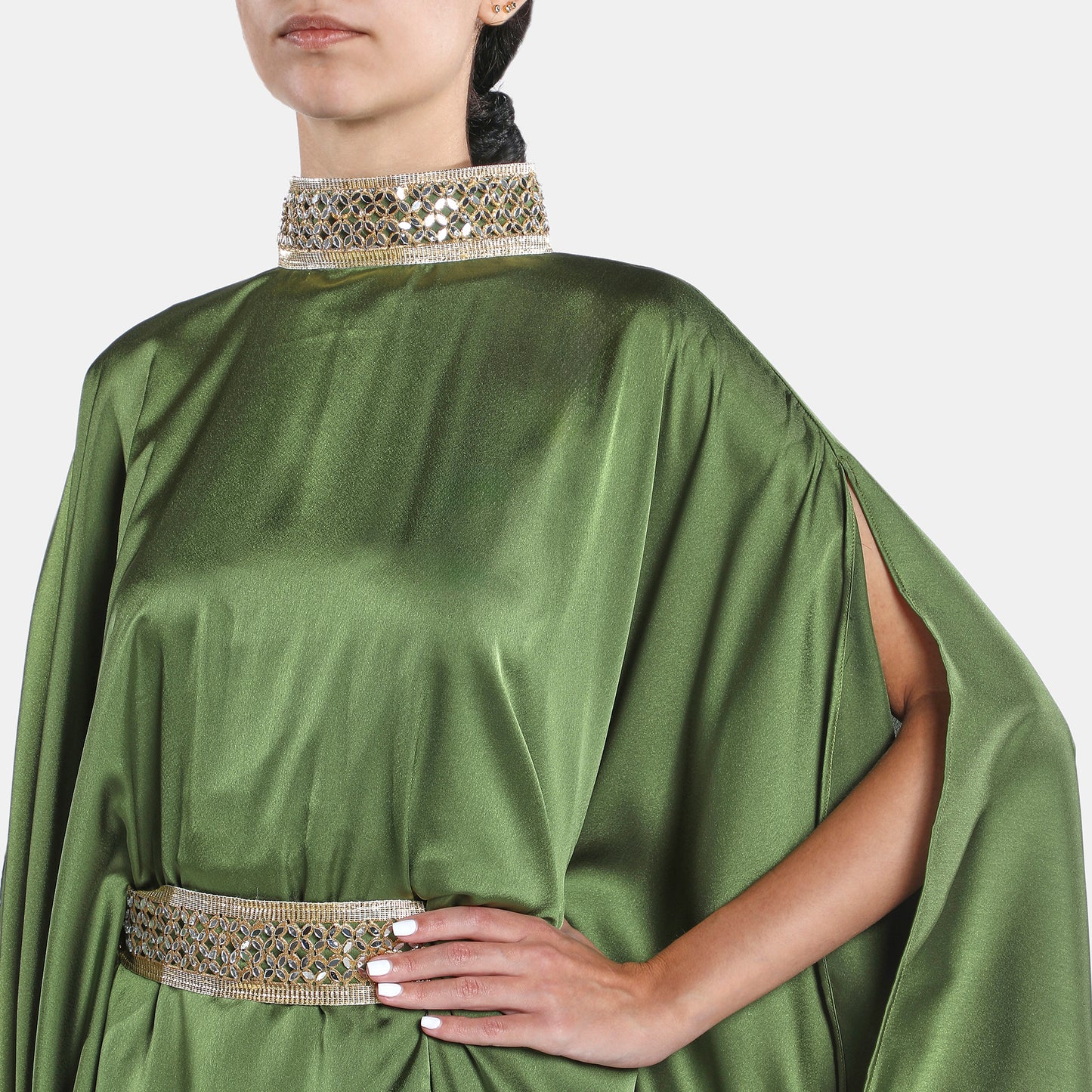 Green satin kaftan dress with high neckline and belt