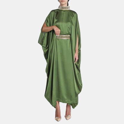 Green satin kaftan dress with high neckline and belt