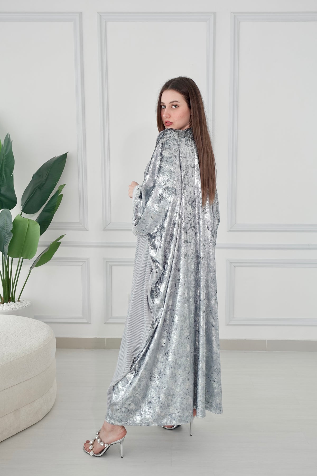 Velvet Silver Bisht With Mirror Embroidery Lace