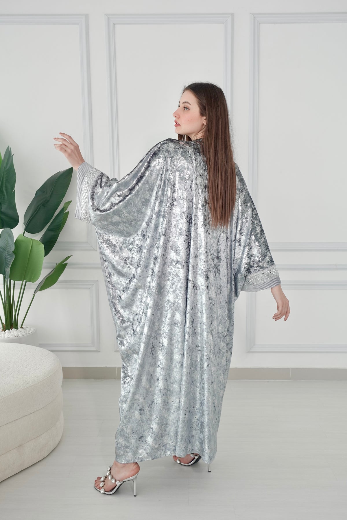 Velvet Silver Bisht With Mirror Embroidery Lace