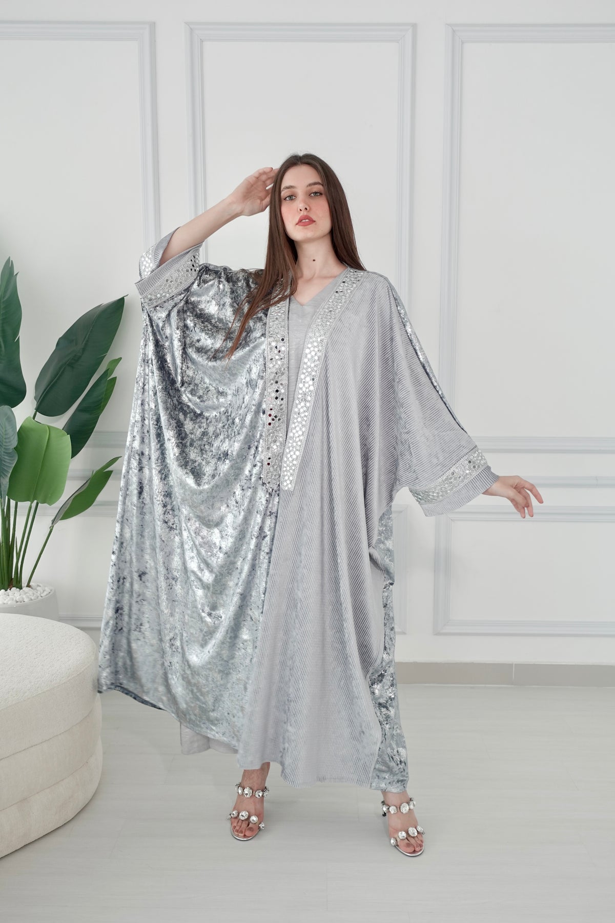 Velvet Silver Bisht With Mirror Embroidery Lace