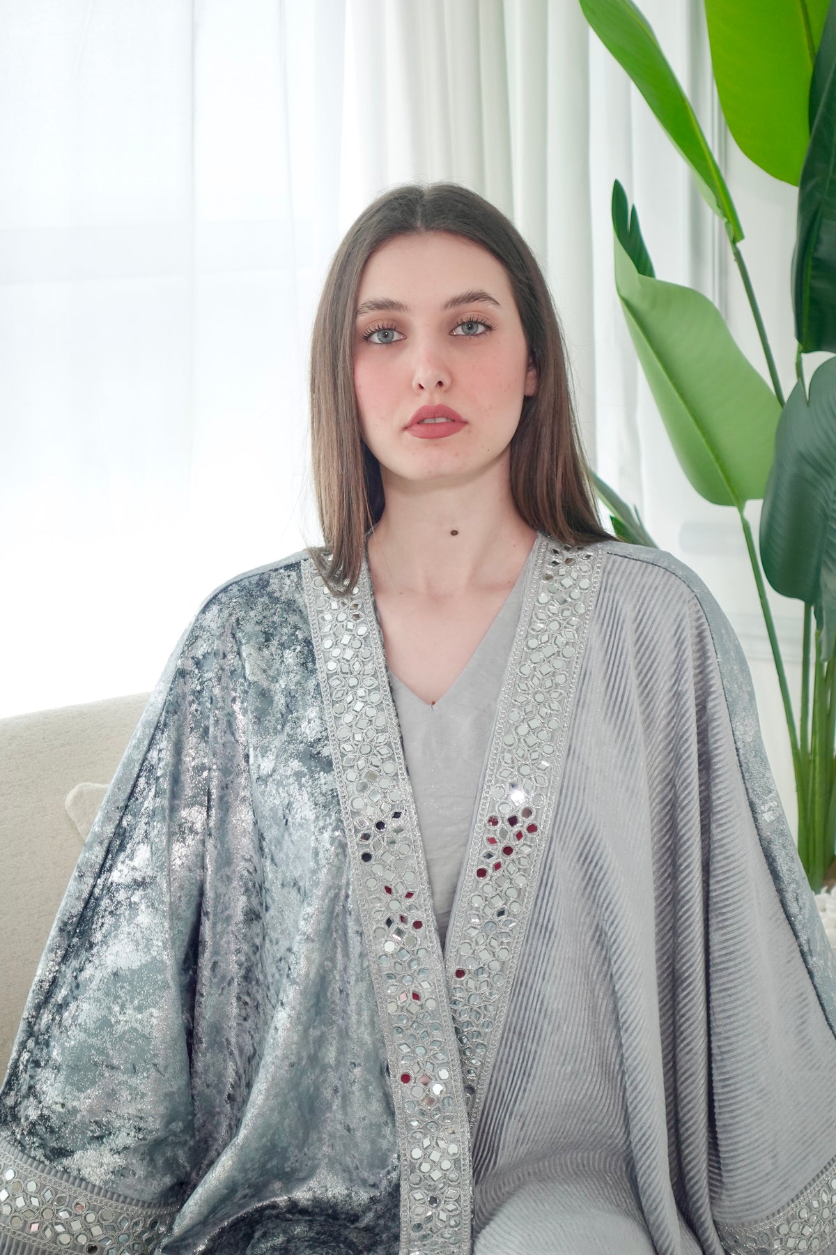 Velvet Silver Bisht With Mirror Embroidery Lace