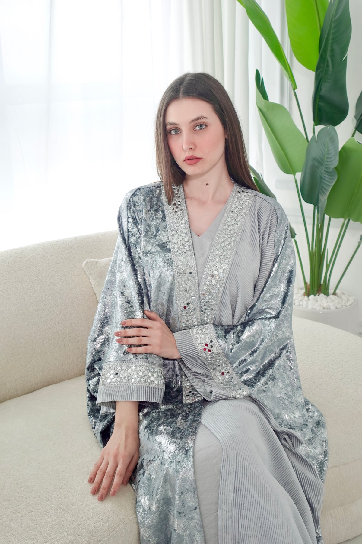 Velvet Silver Bisht With Mirror Embroidery Lace