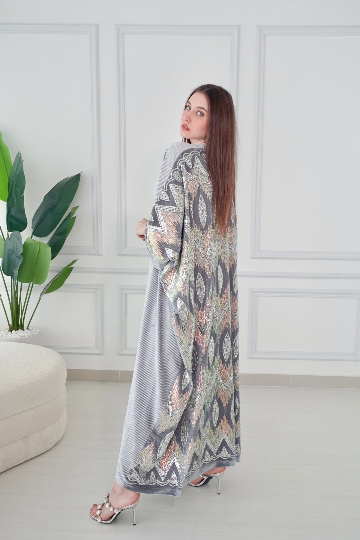 Velvet Silver Beads Embroiderd Bisht