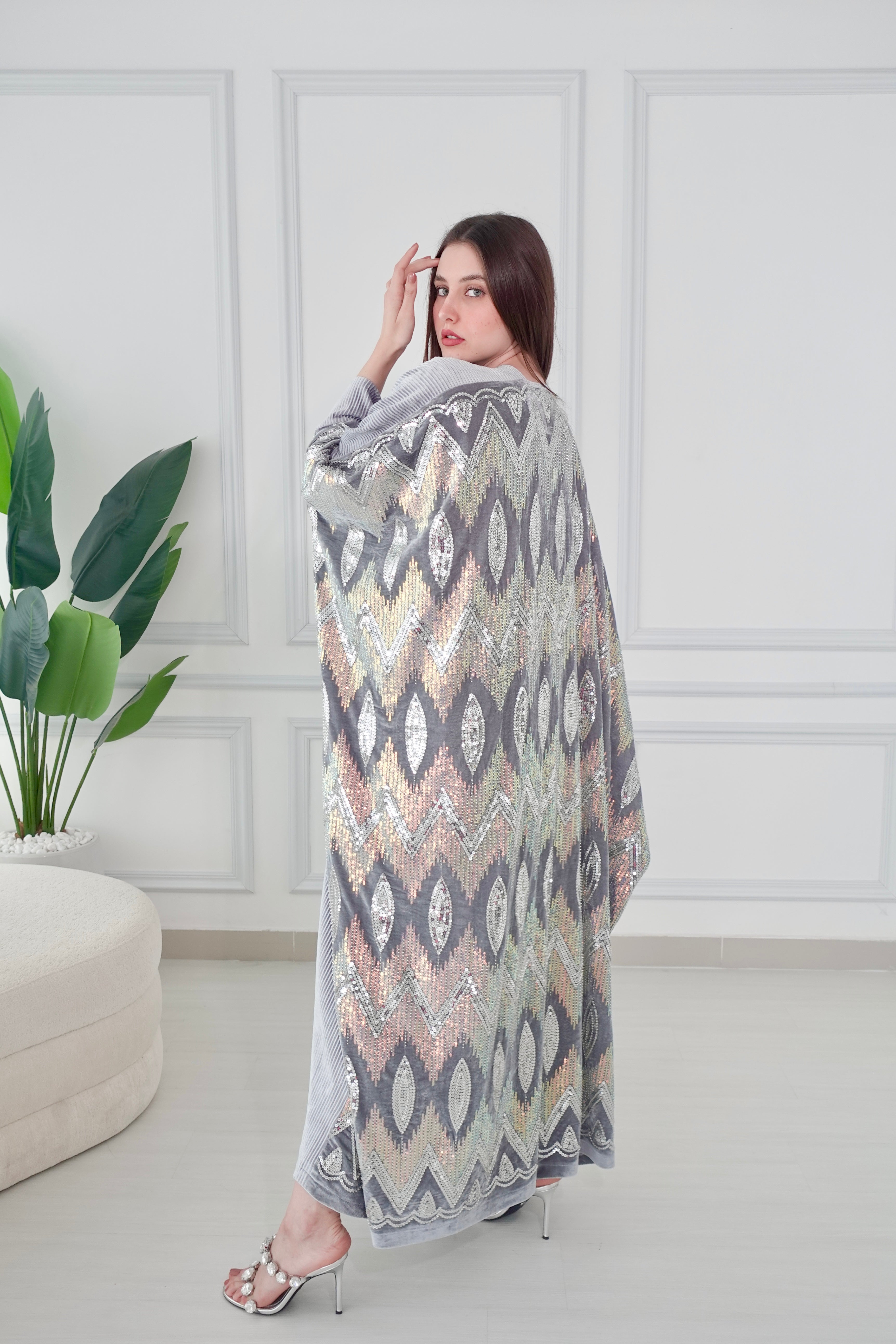 Velvet Silver Beads Embroiderd Bisht