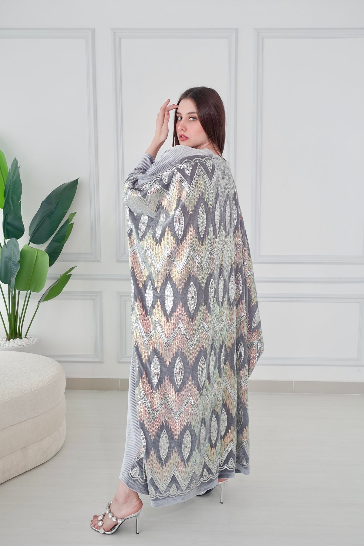 Velvet Silver Beads Embroiderd Bisht