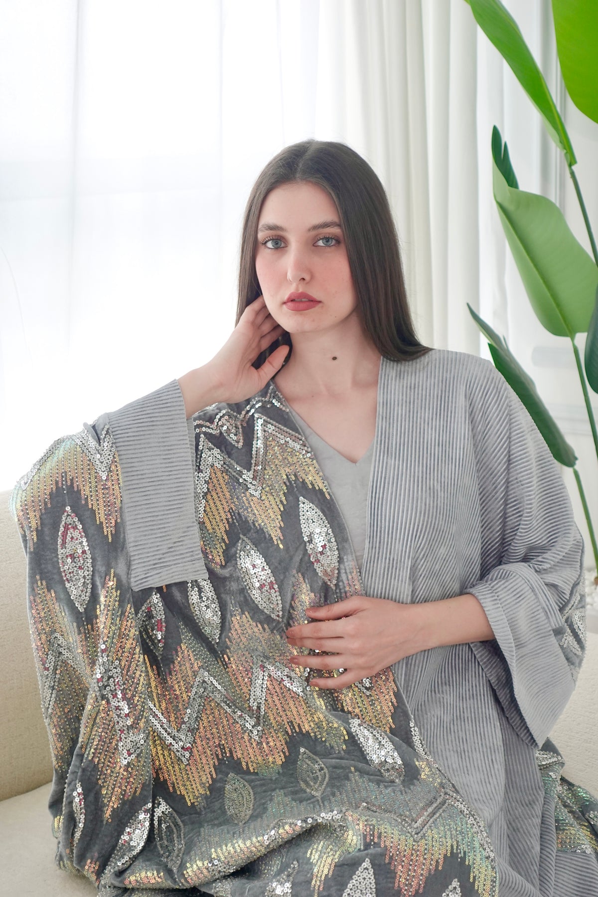 Velvet Silver Beads Embroiderd Bisht