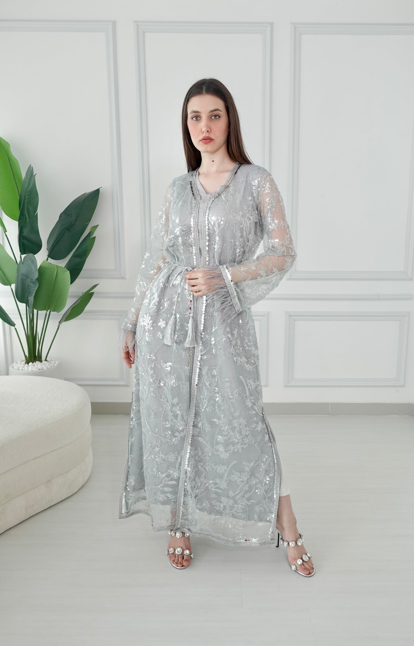 Light green beads embroidery kaftan set with feather