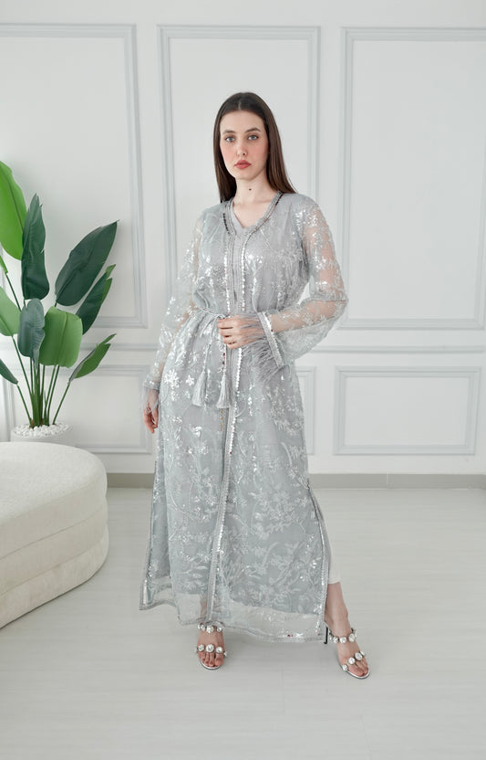 Light green beads embroidery kaftan set with feather