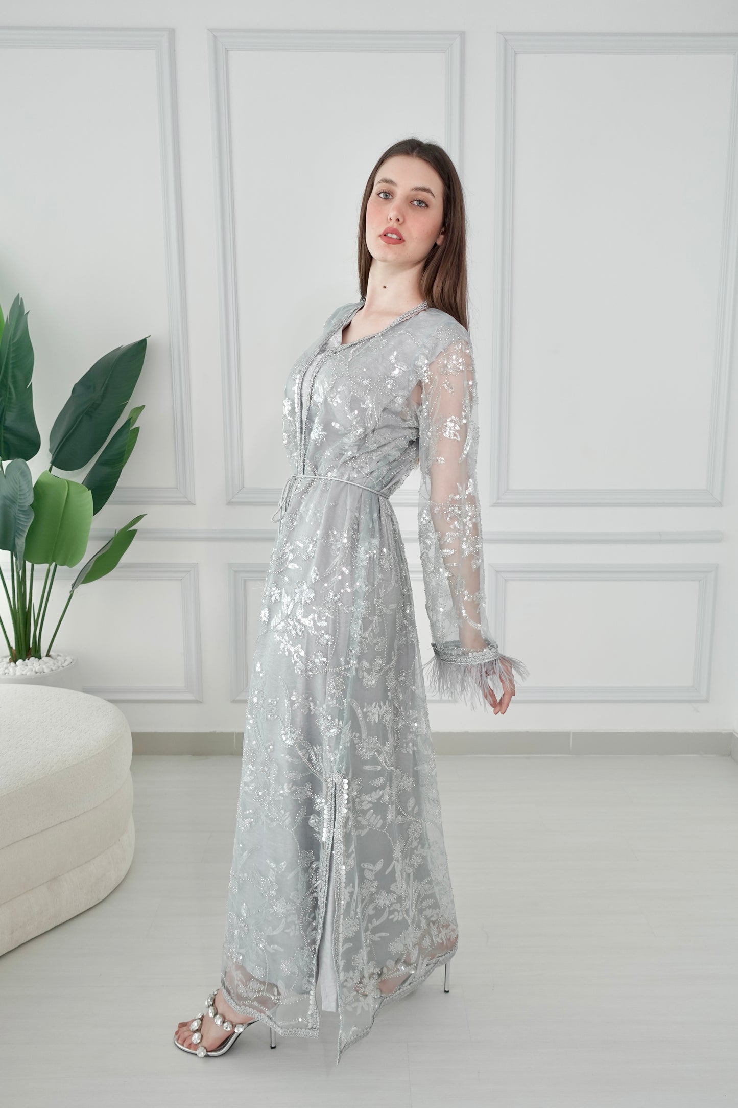 Light green beads embroidery kaftan set with feather