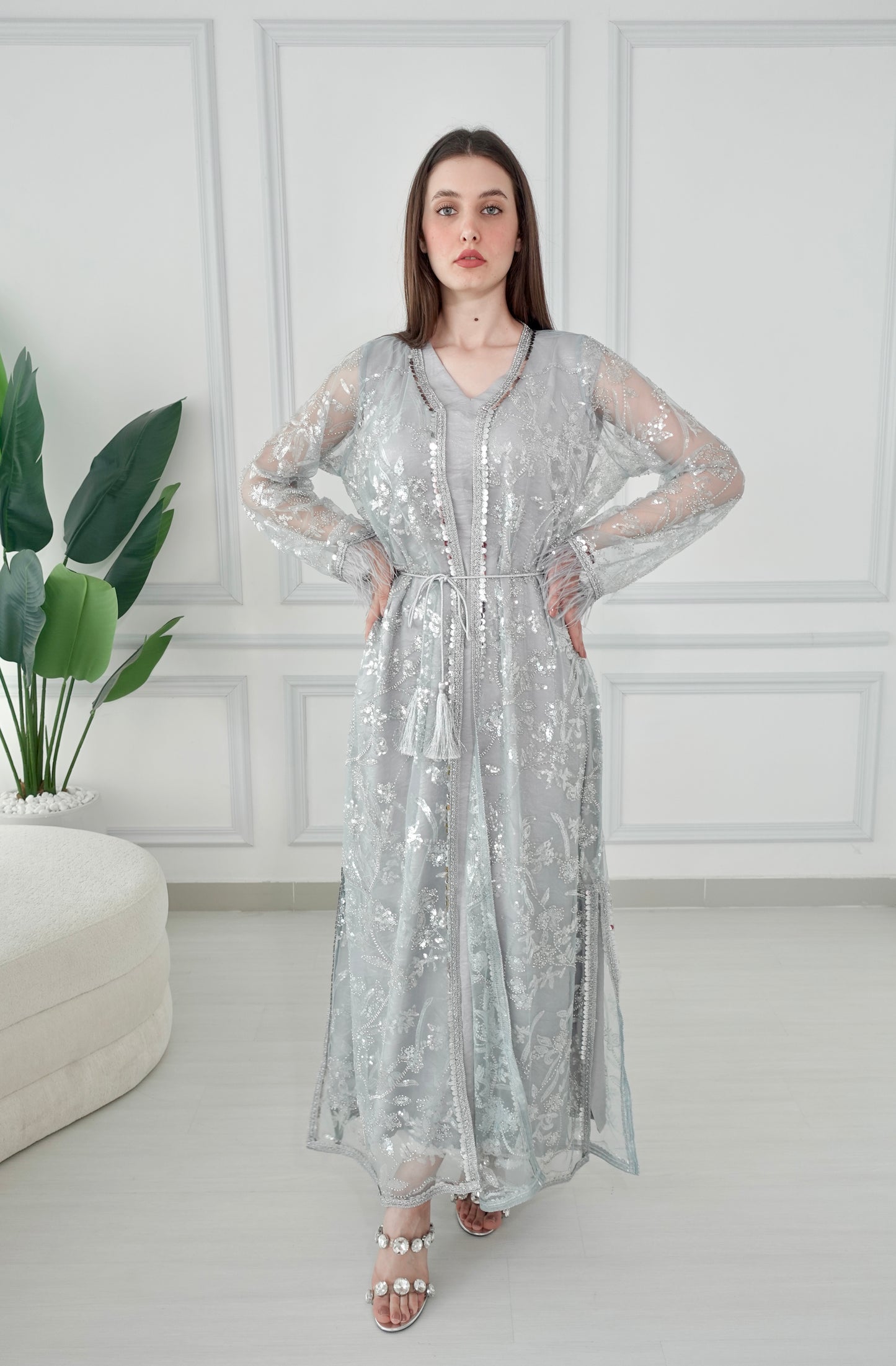 Light green beads embroidery kaftan set with feather