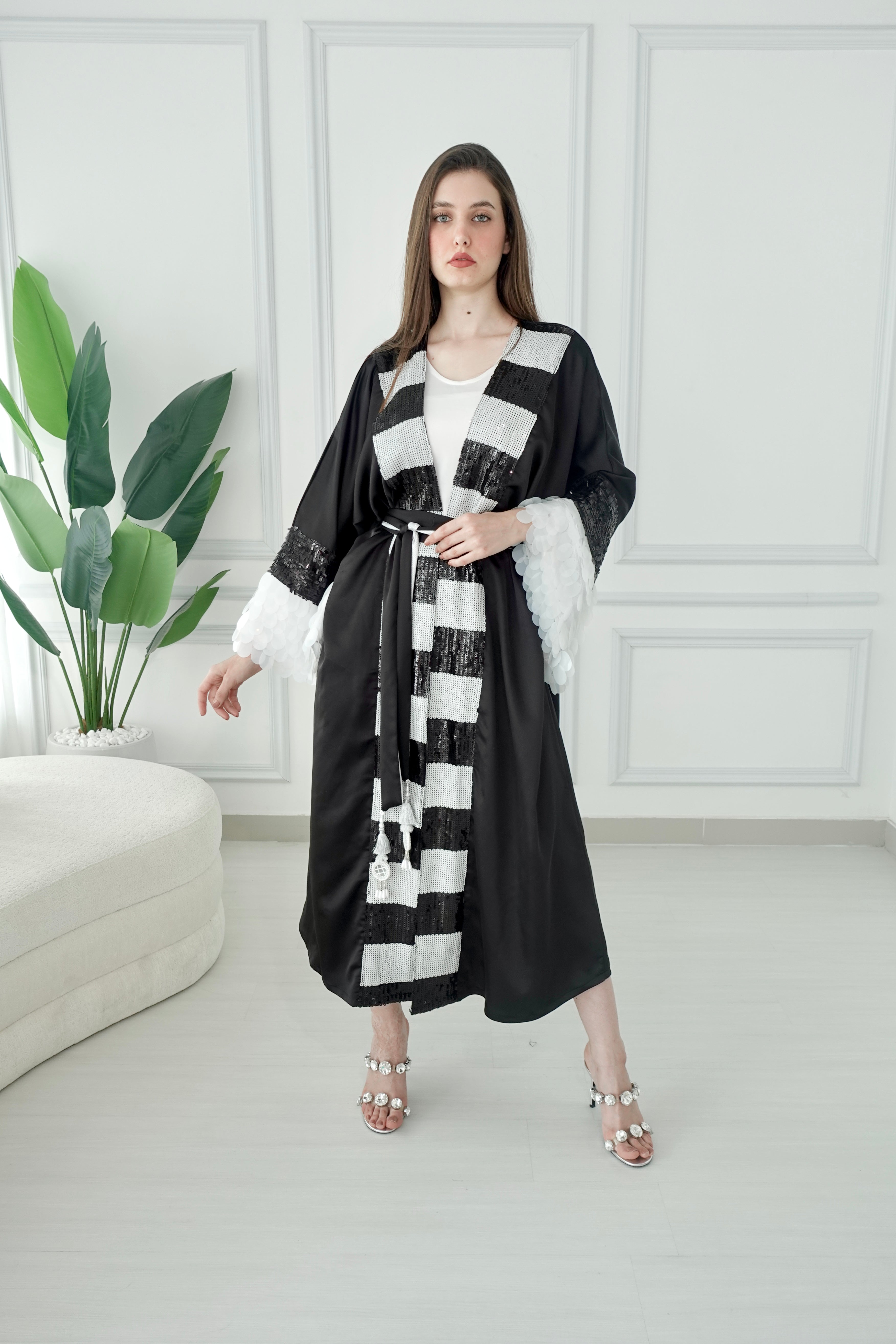 Black And White Embroidered Bisht With Belt