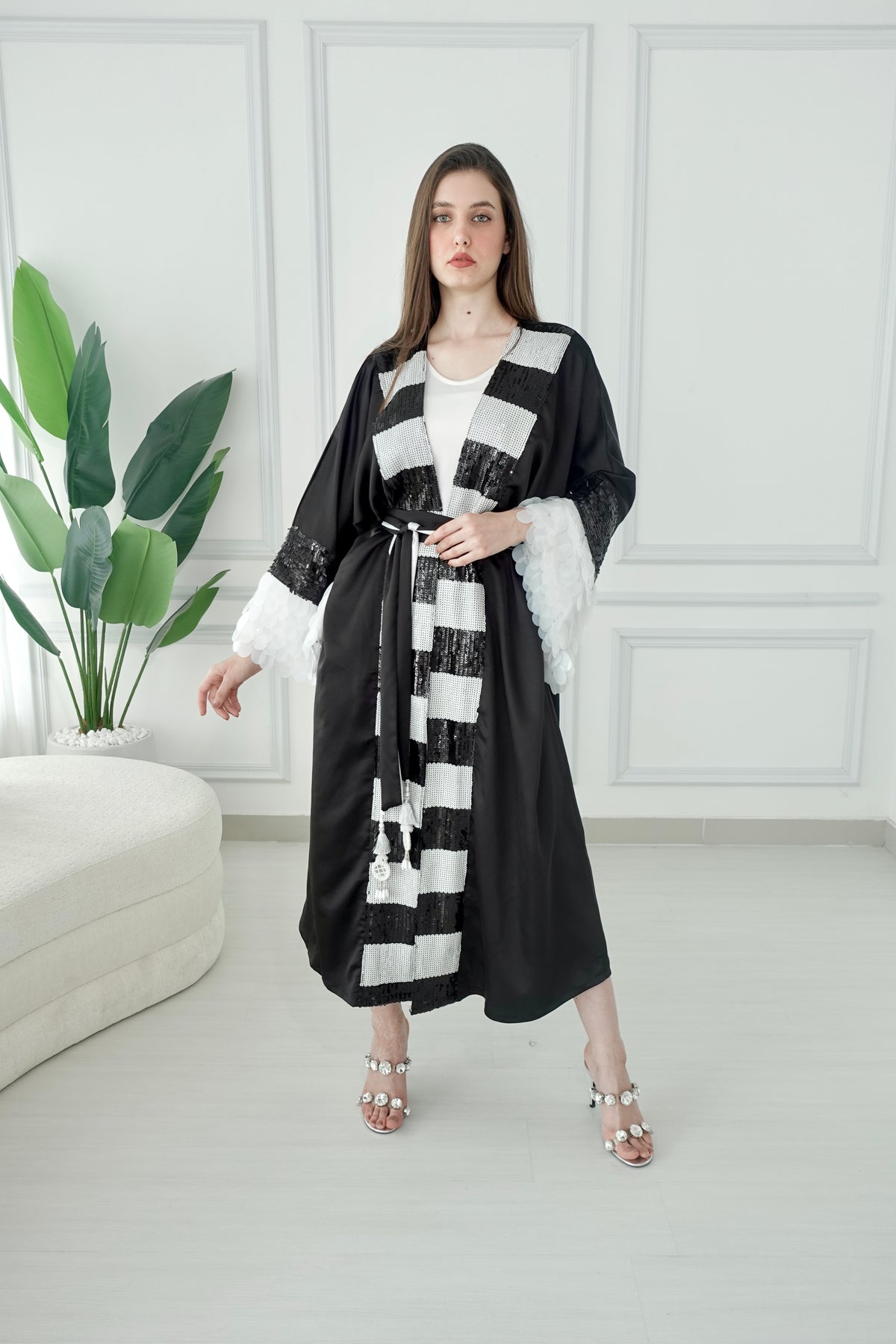 Black And White Embroidered Bisht With Belt