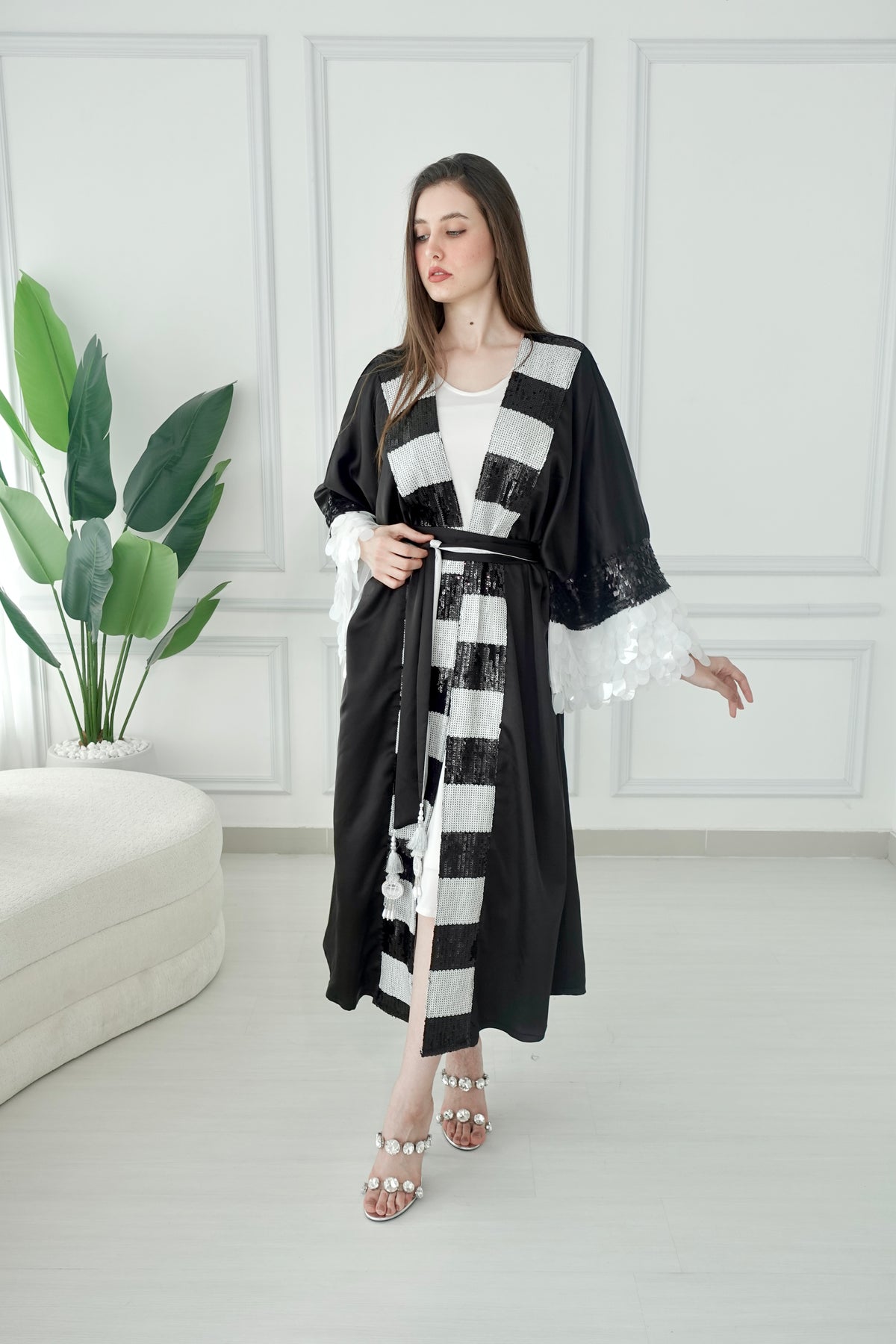 Black And White Embroidered Bisht With Belt