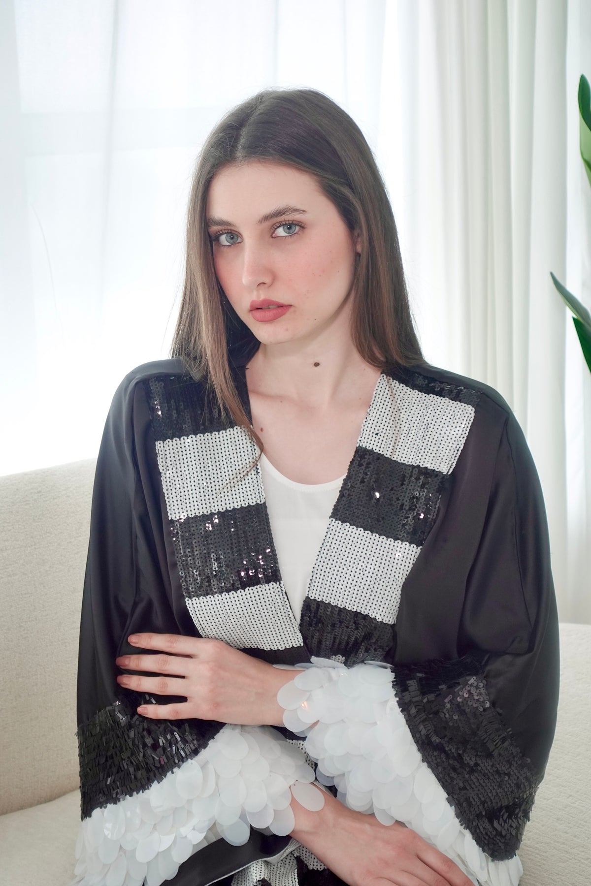 Black And White Embroidered Bisht With Belt