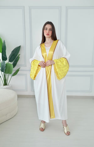 White And Yellow Embroidered Bisht With Belt