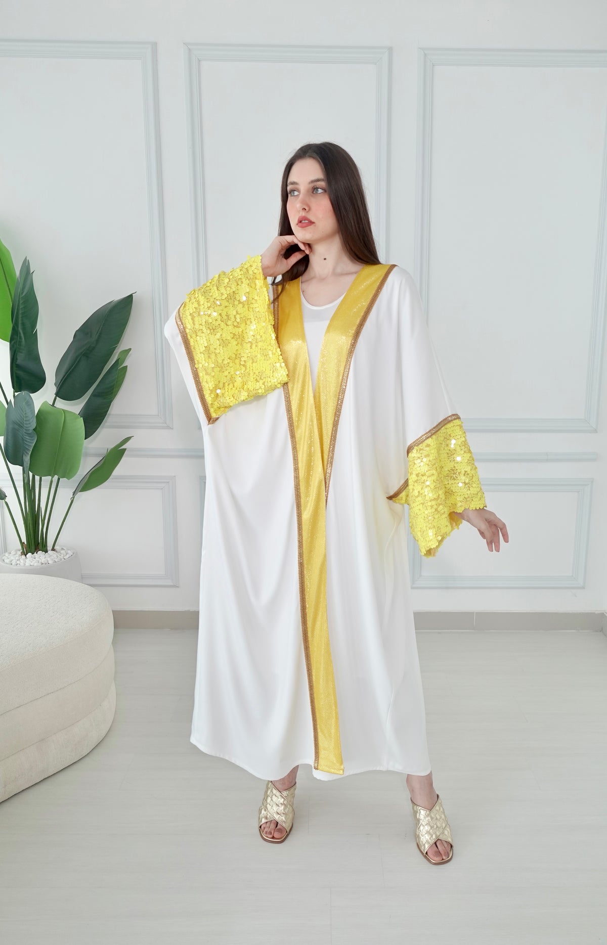 White And Yellow Embroidered Bisht With Belt