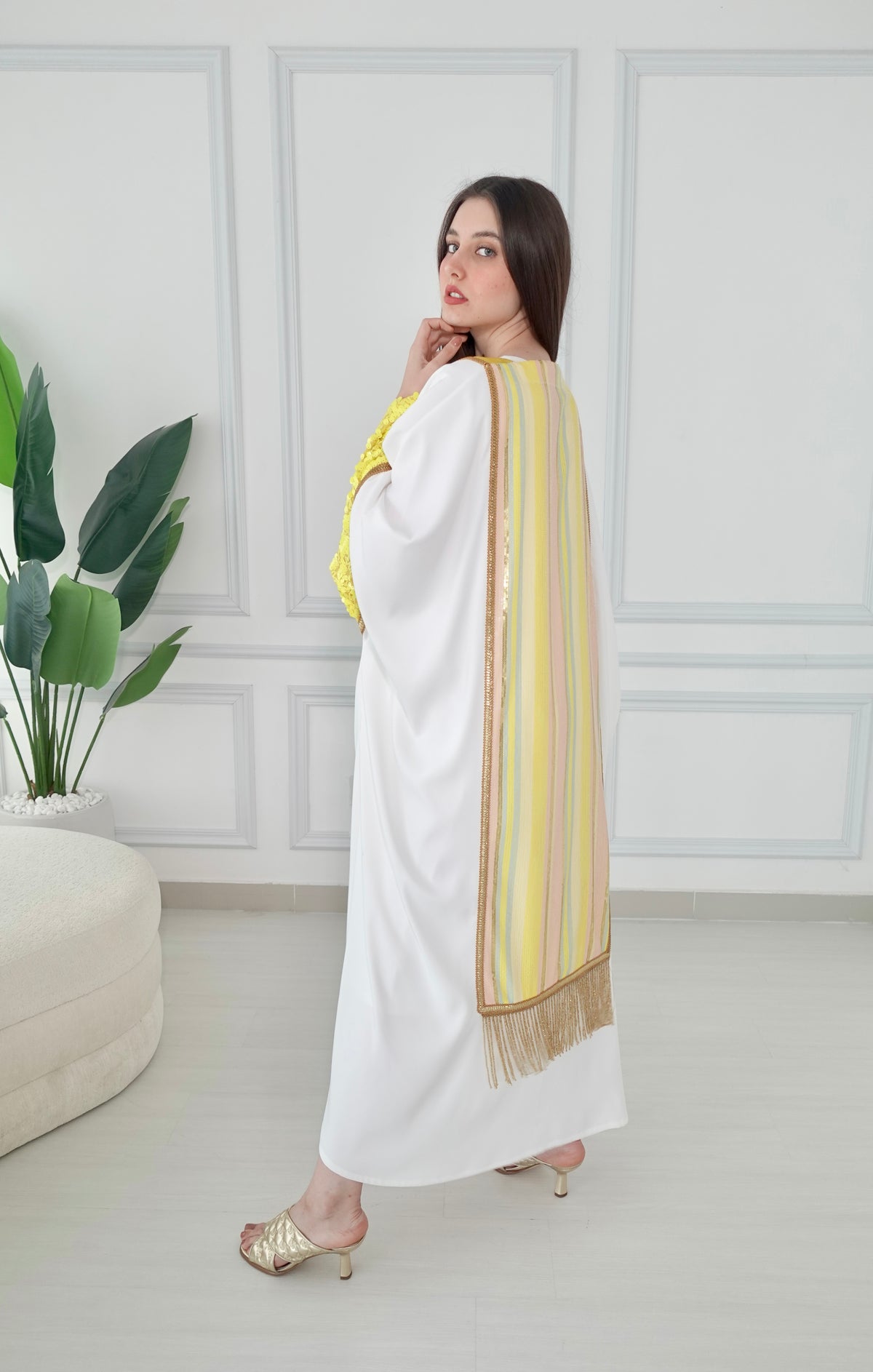 White And Yellow Embroidered Bisht With Belt