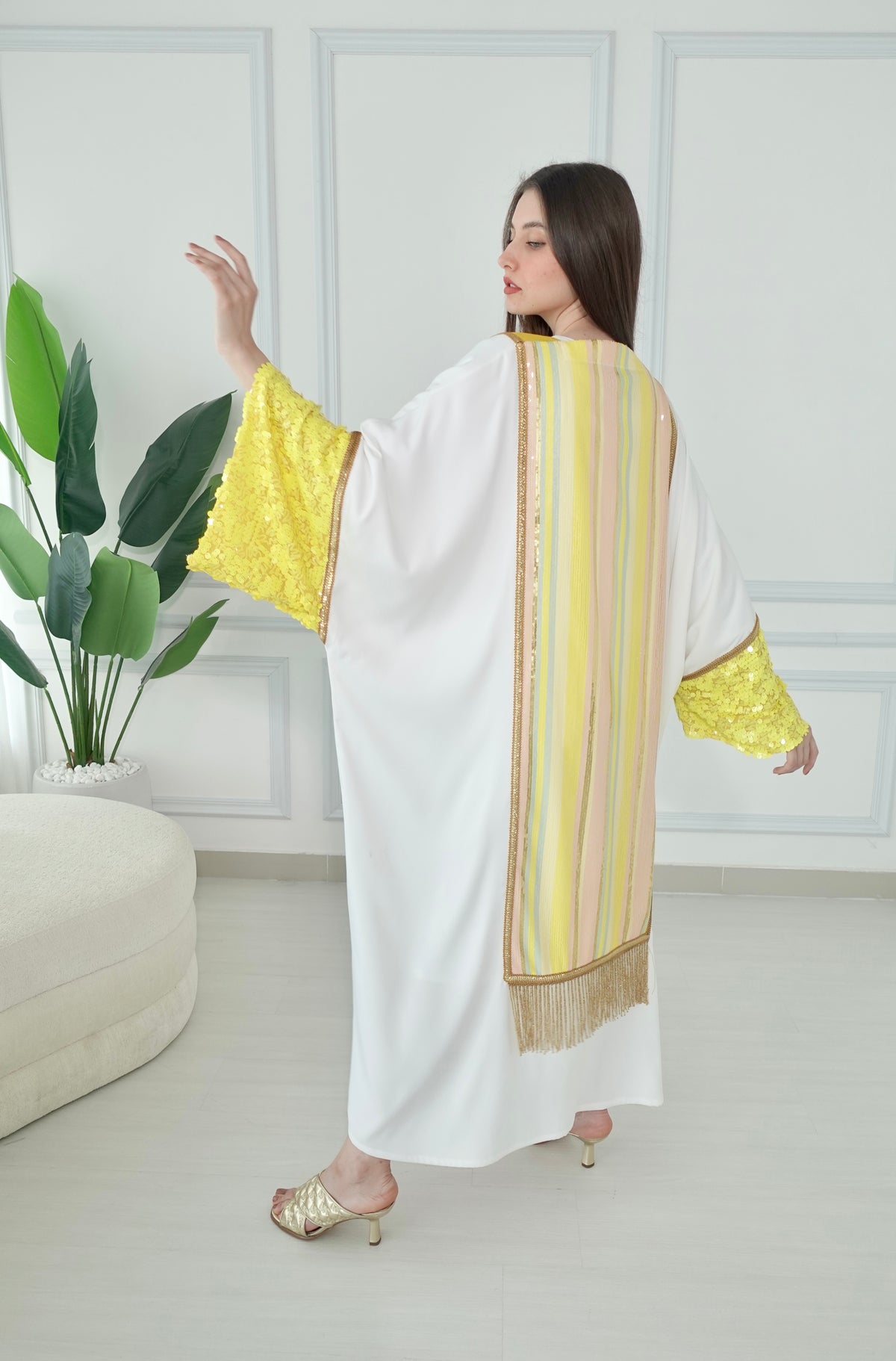 White And Yellow Embroidered Bisht With Belt