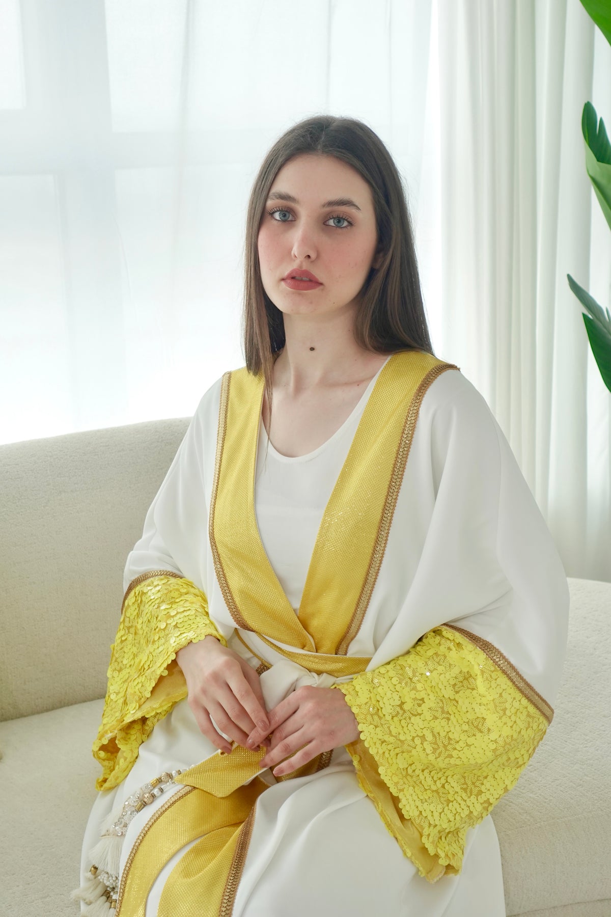 White And Yellow Embroidered Bisht With Belt