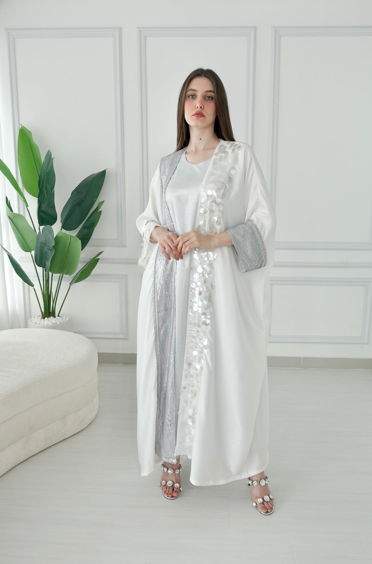 White With Sequence Embroidery Bisht