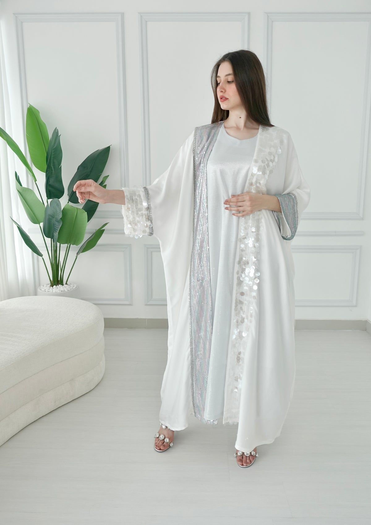 White With Sequence Embroidery Bisht