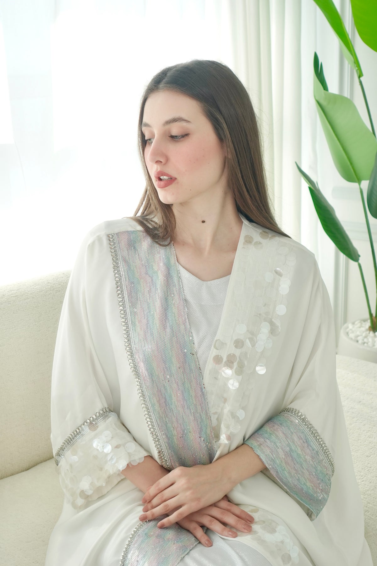 White With Sequence Embroidery Bisht