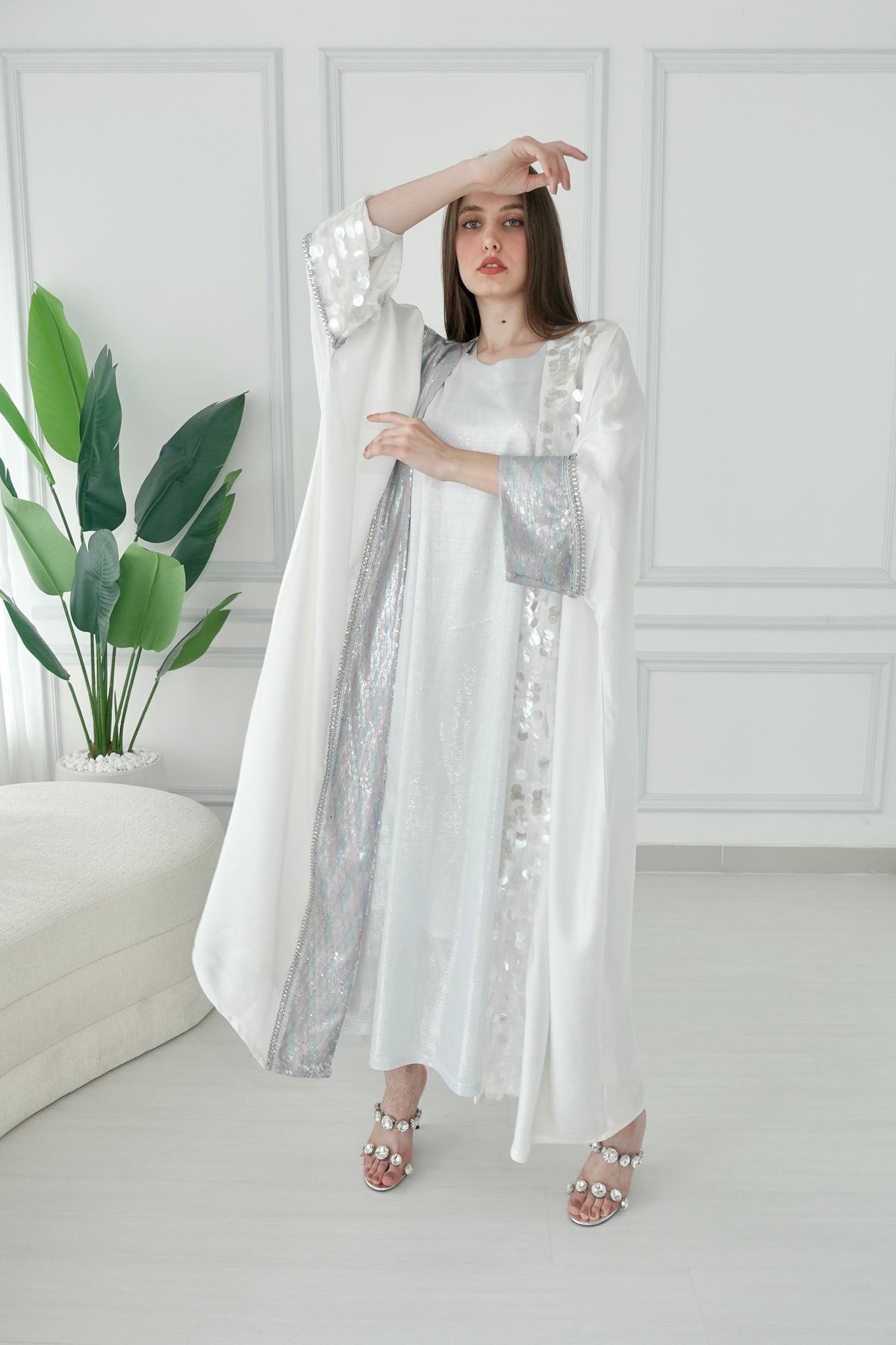 White With Sequence Embroidery Bisht