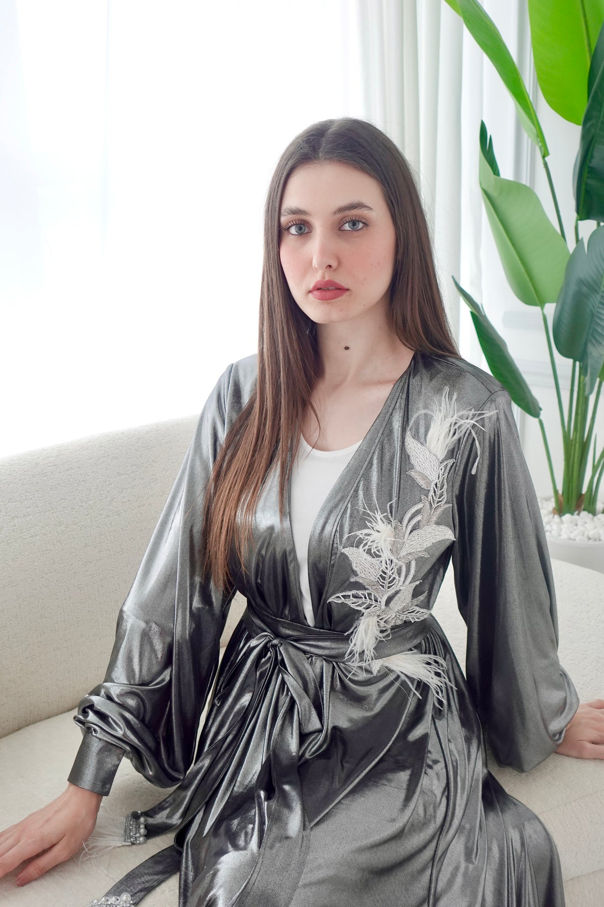 Shiny Silver Embroidered Kaftan