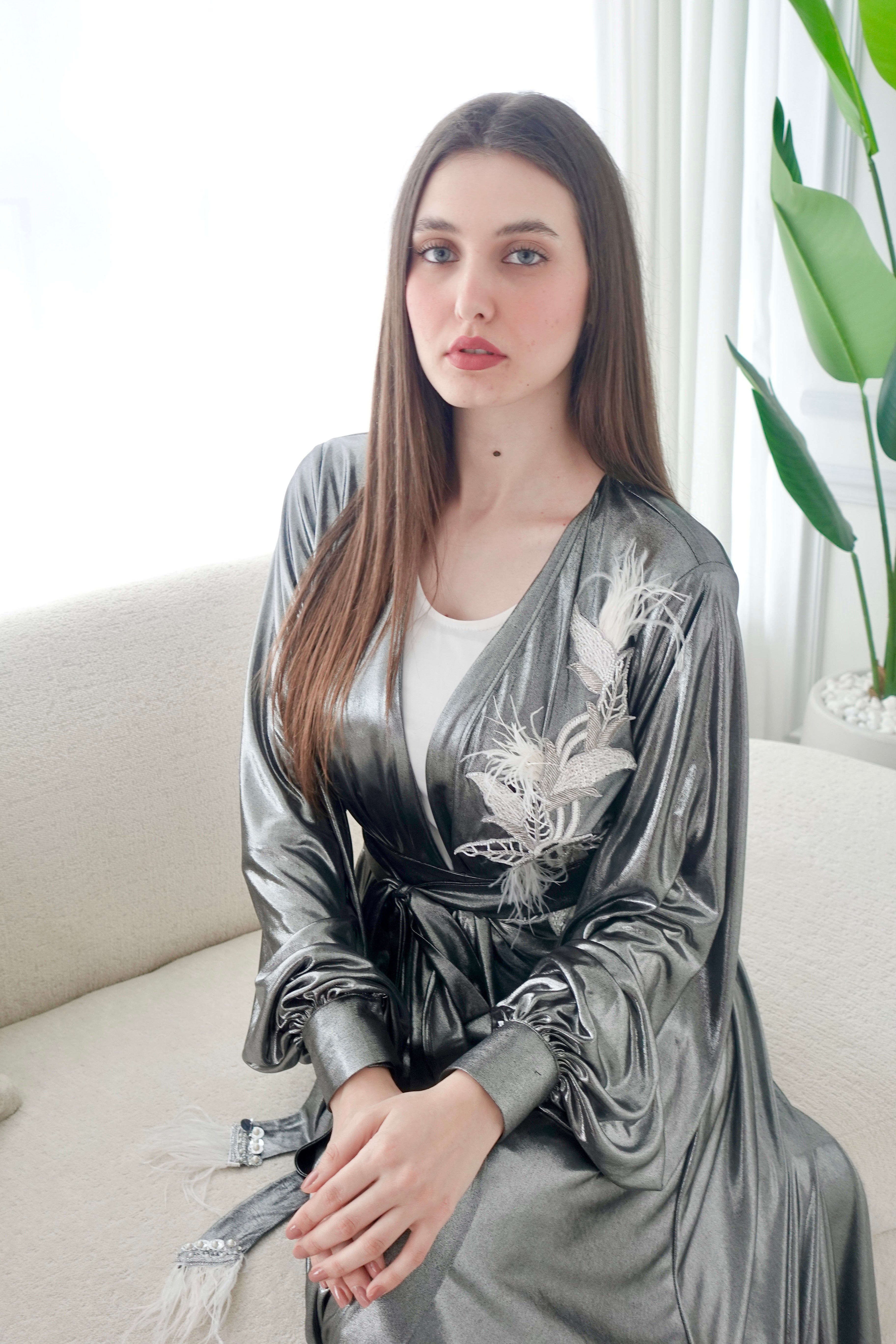 Shiny Silver Embroidered Kaftan