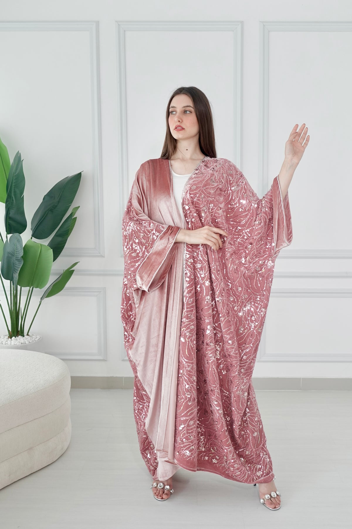 Velvet Beads Embroidered Pink Bisht