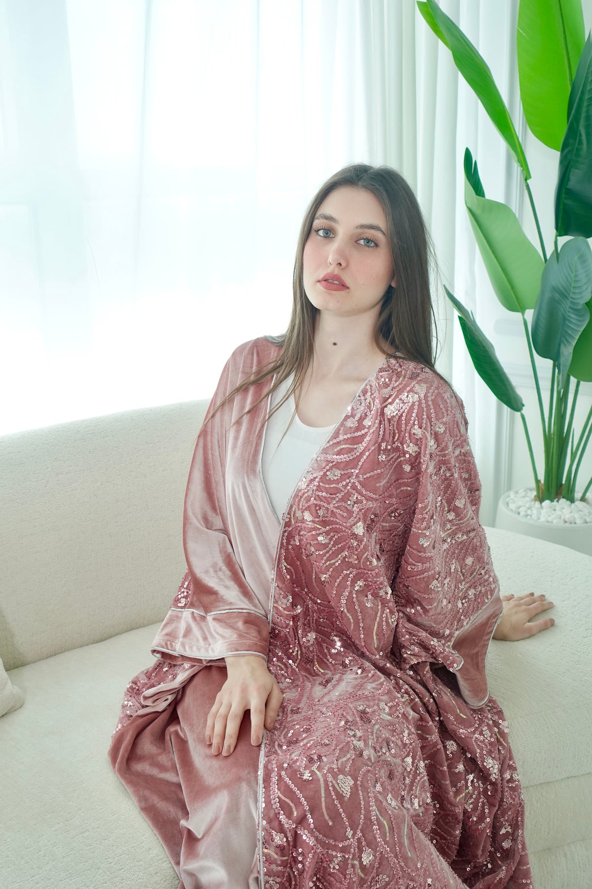 Velvet Beads Embroidered Pink Bisht