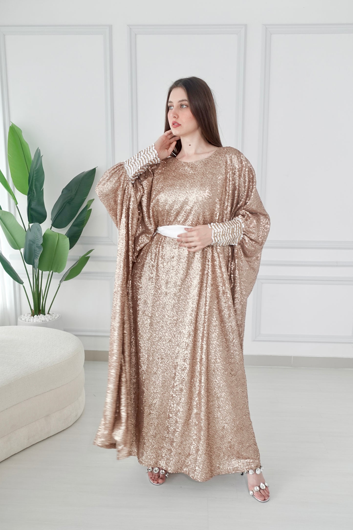Gold full sequence kaftan dress with belt