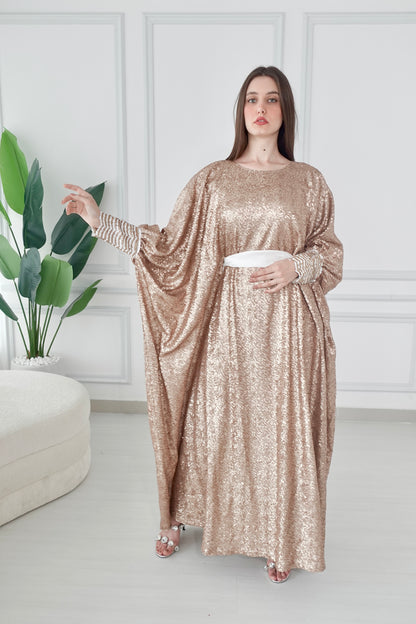 Gold full sequence kaftan dress with belt