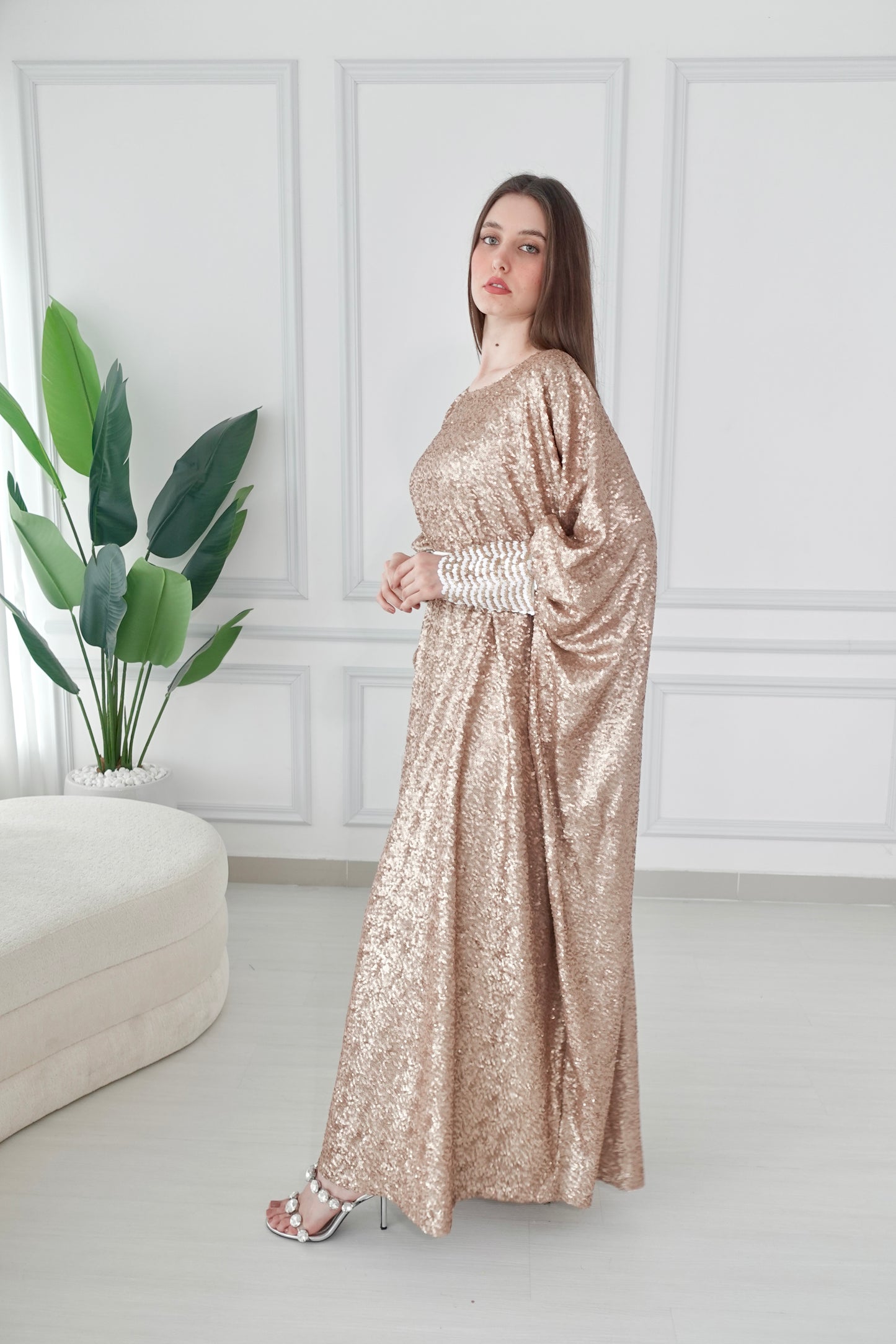 Gold full sequence kaftan dress with belt