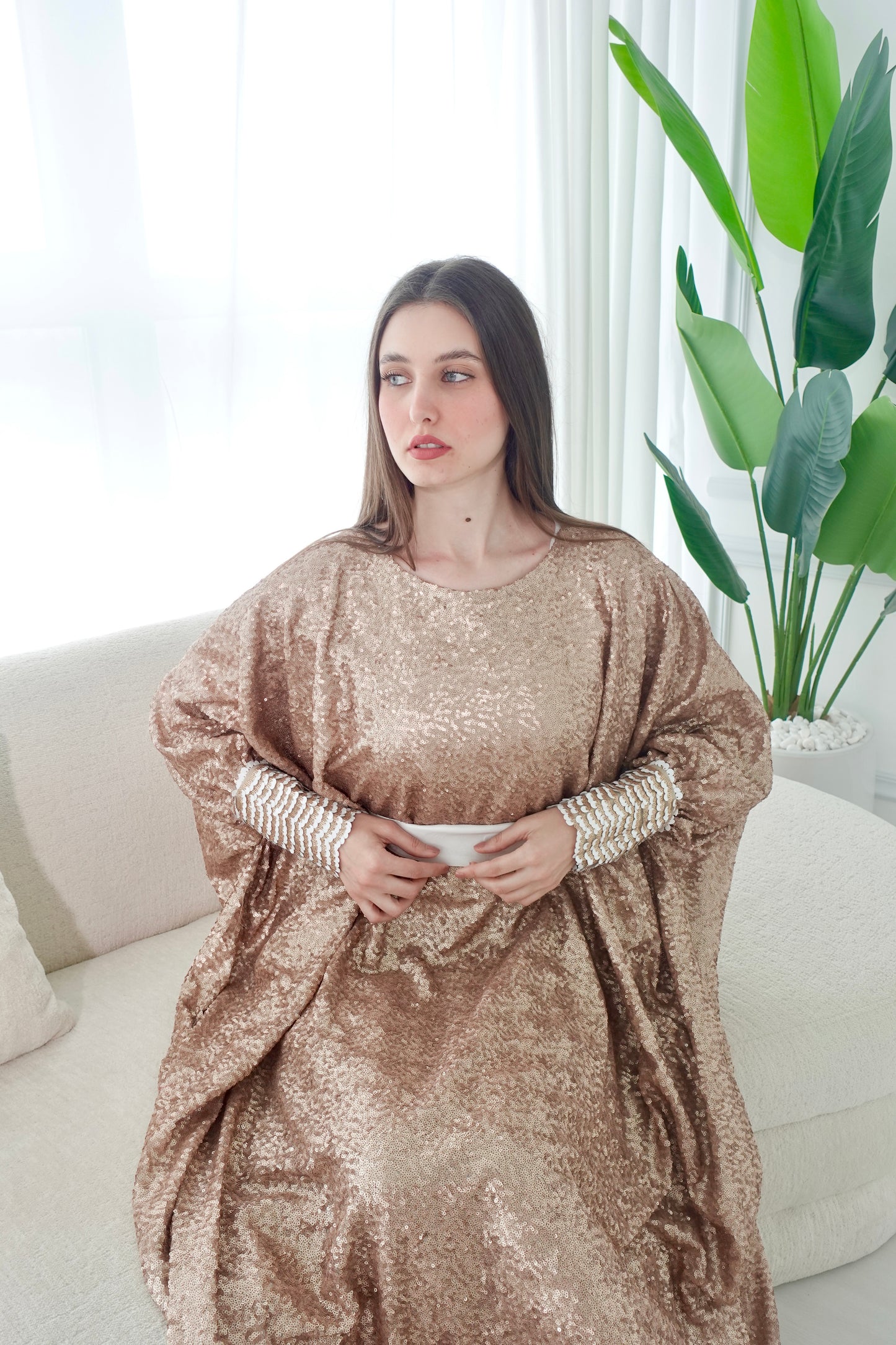 Gold full sequence kaftan dress with belt