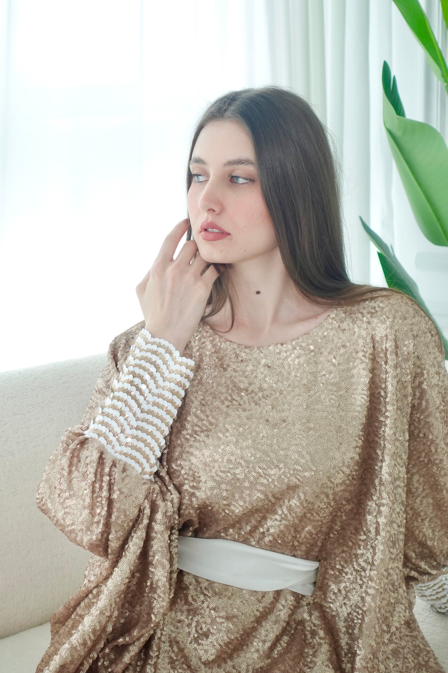 Gold full sequence kaftan dress with belt