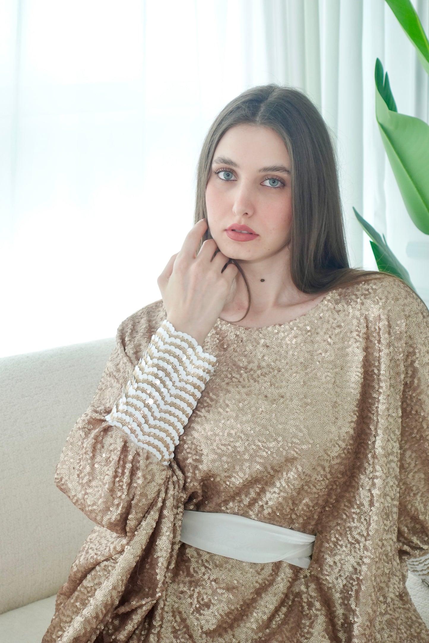 Gold full sequence kaftan dress with belt