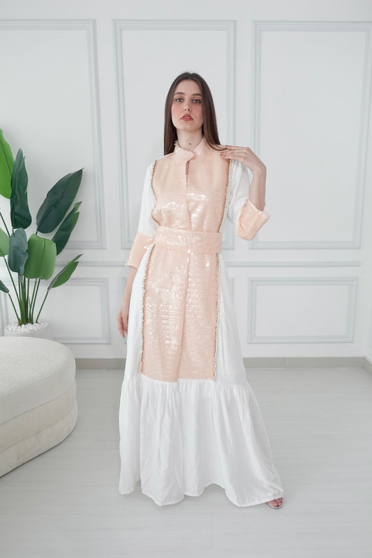 White kaftan with peach sequence embroidery