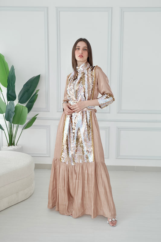 Gold kaftan with multicolors sequence embroidery