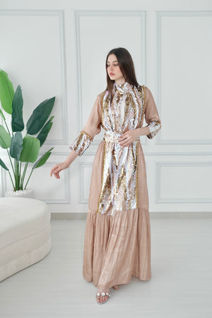 White Kaftan – With Peach Sequence Embroidery Design