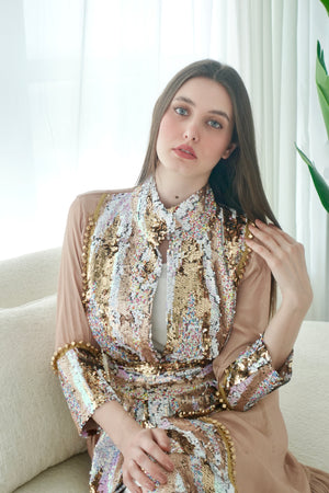 White Kaftan – With Peach Sequence Embroidery Design
