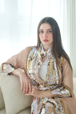White Kaftan – With Peach Sequence Embroidery Design