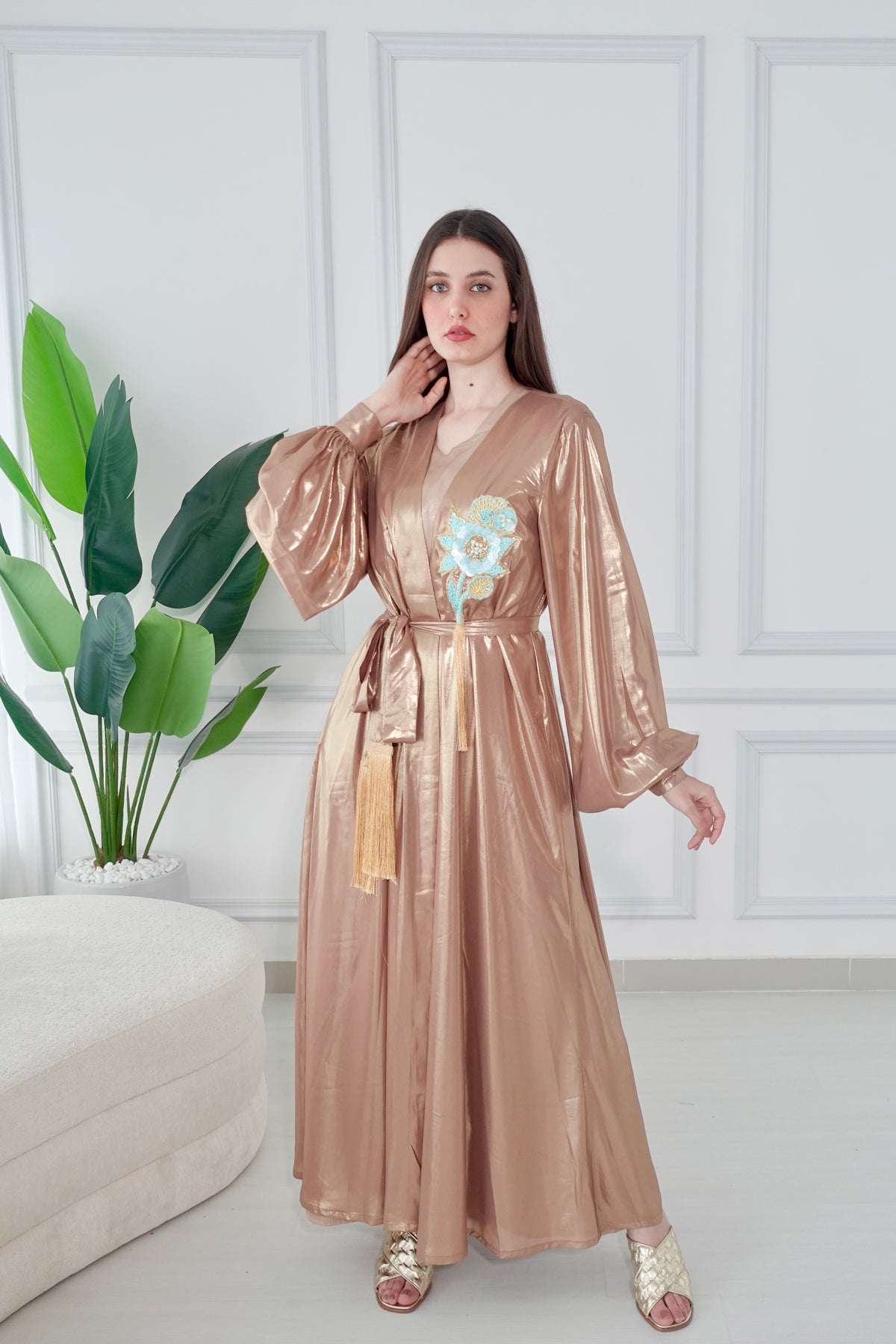 Shiny Gold Kaftan With Aflower Embroidery