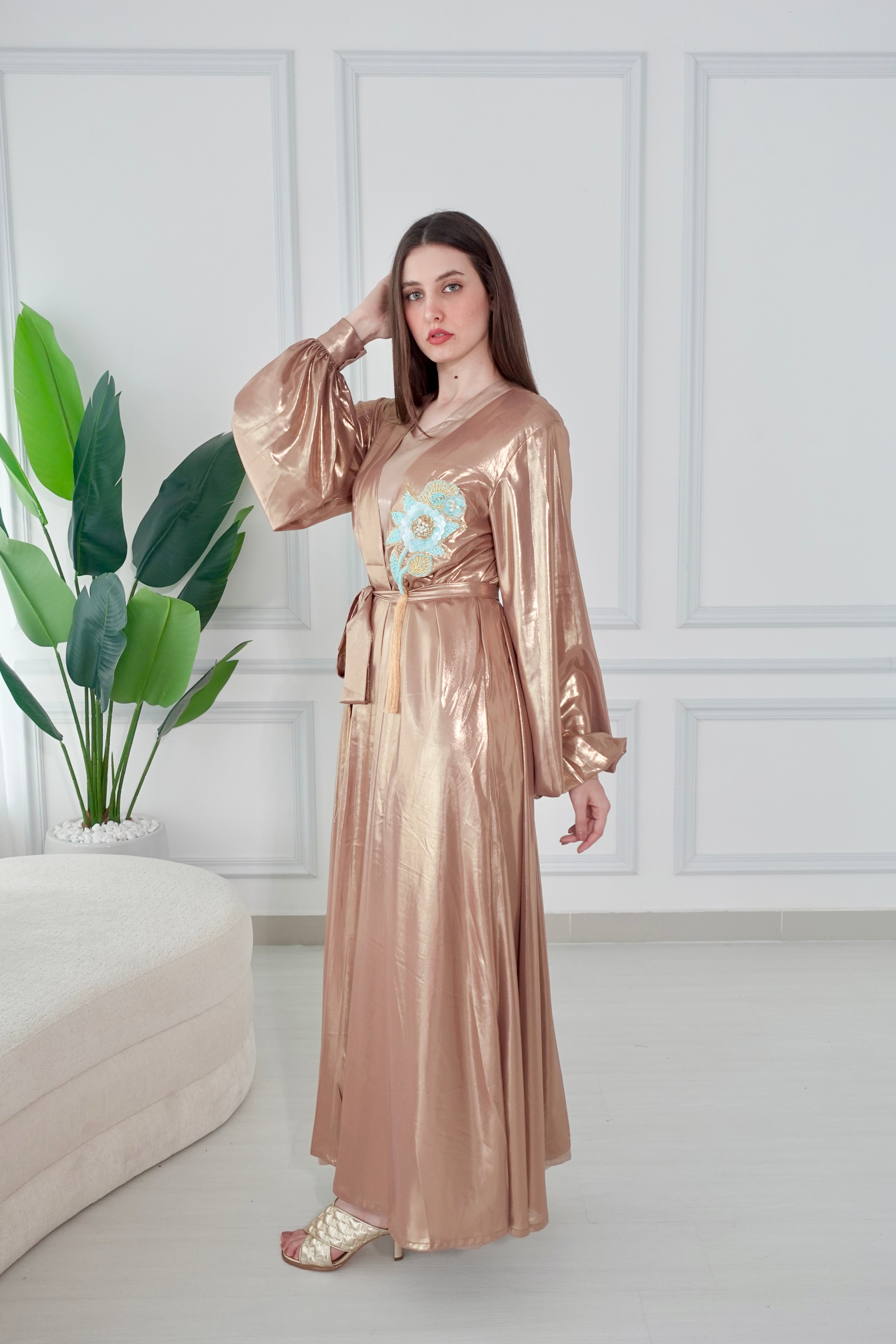 Shiny Gold Kaftan With Aflower Embroidery