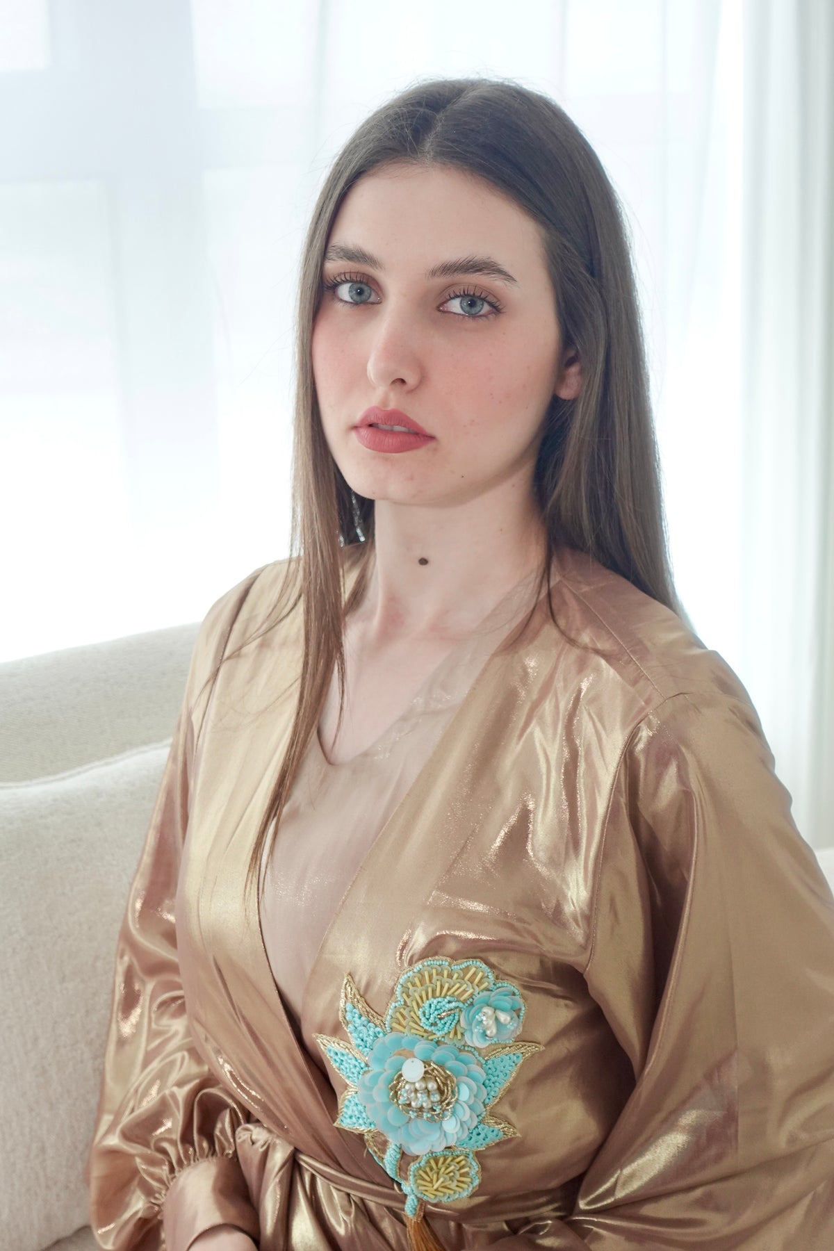 Shiny Gold Kaftan With Aflower Embroidery
