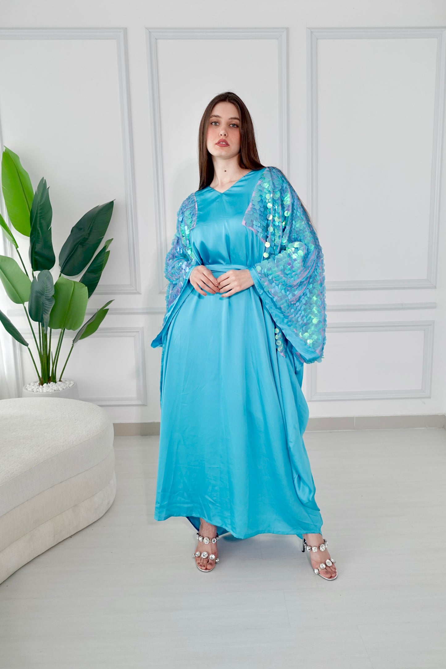 Turquoise kaftan dress with sequence embroidery